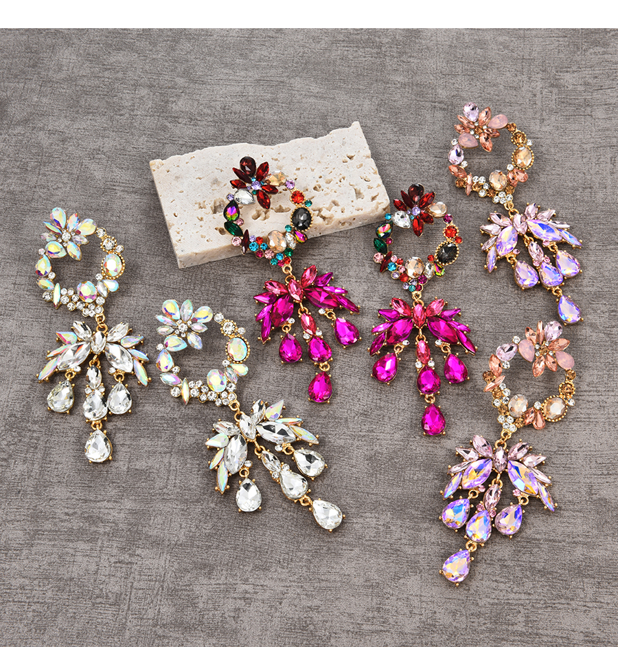 Fashion Light Pink Alloy Diamond Water Drop Flower Pendant Earrings,Drop Earrings