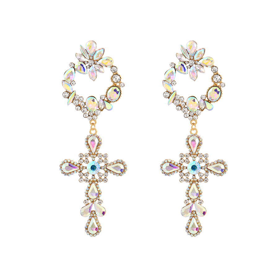 Fashion Ab Color Alloy Diamond Flower Cross Pendant Stud Earrings,Stud Earrings