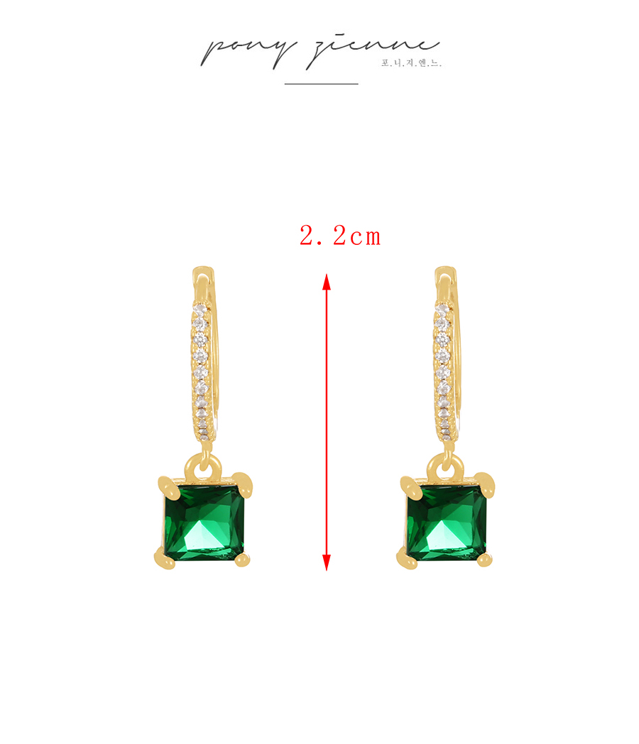 Fashion Dark Green + Silver Brass Set Square Zircon Drop Earrings,Earrings