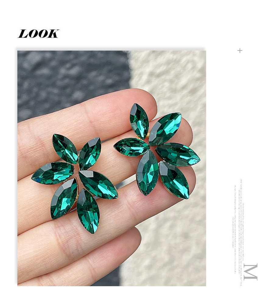 Fashion Dark Green Alloy Diamond Water Drop Flower Stud Earrings,Stud Earrings