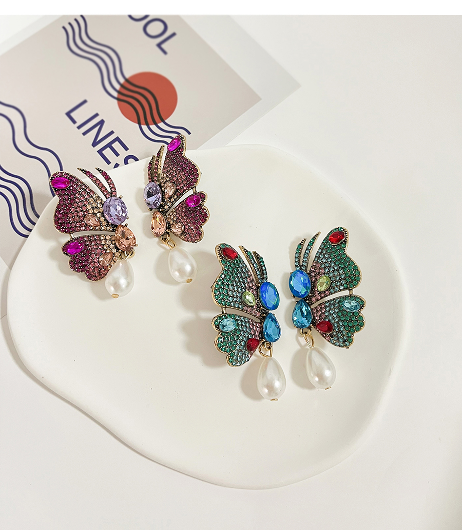 Fashion Blue Alloy Diamond Butterfly Pearl Stud Earrings,Stud Earrings