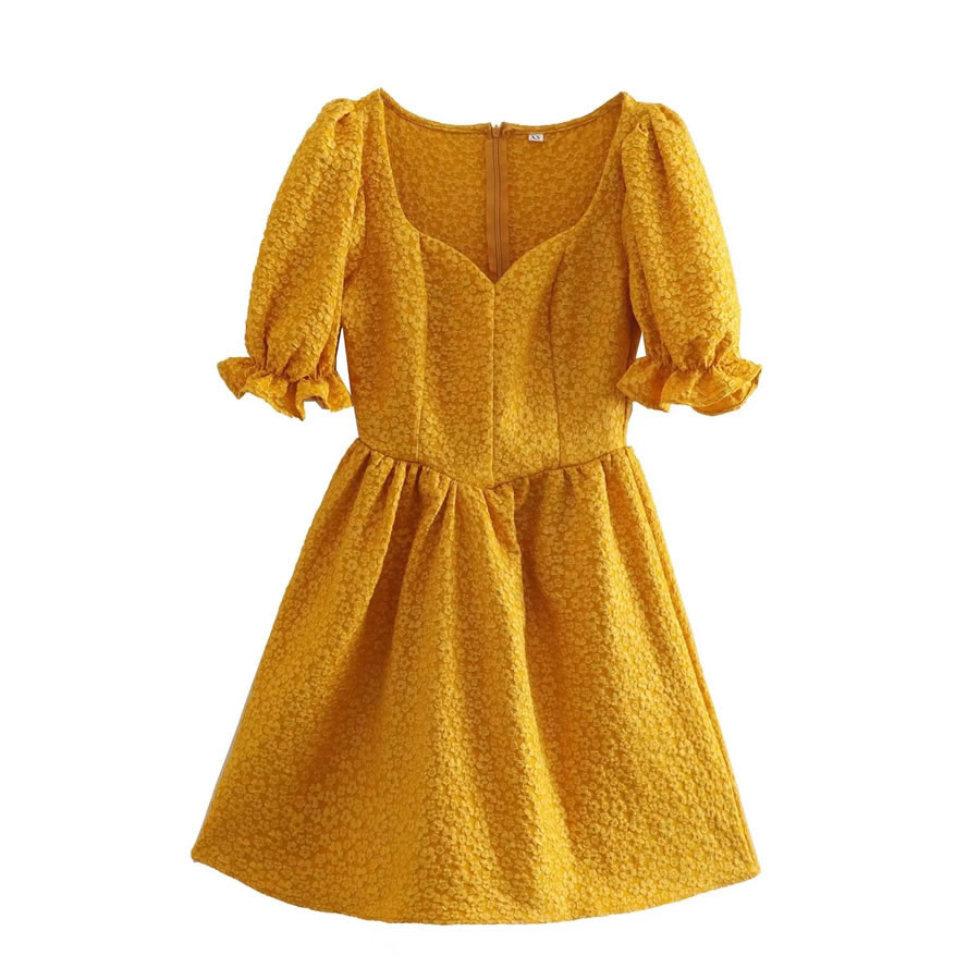 Fashion Yellow Jacquard V-neck Short Sleeve Dress,Mini & Short Dresses