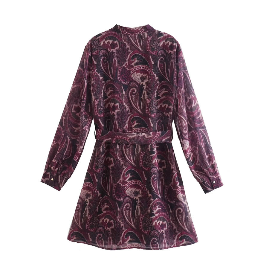 Fashion Fuchsia Chiffon Geometric Print Lace-up Long-sleeve Dress,Mini & Short Dresses