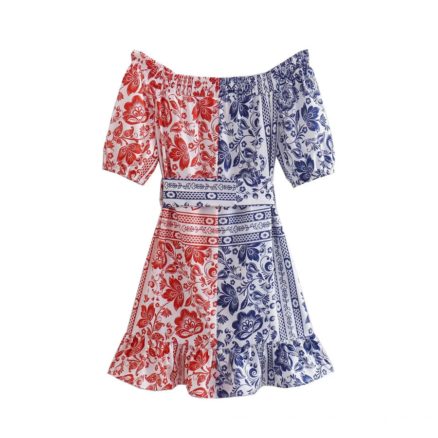 Fashion Color Matching One-shoulder Panel Lace-up Short Sleeve Dress,Mini & Short Dresses