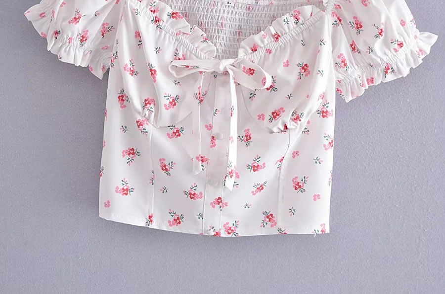 Fashion White Floral Tie-up Pleated Top With Fungus Trim,Blouses