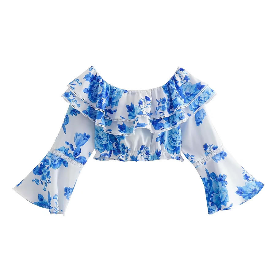 Fashion Blue Flared Sleeve Off-shoulder Lace Layered Top,Blouses