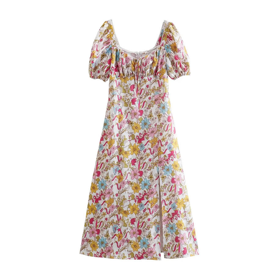 Fashion Floral Floral Pleated Slit Maxi Dress,Long Dress