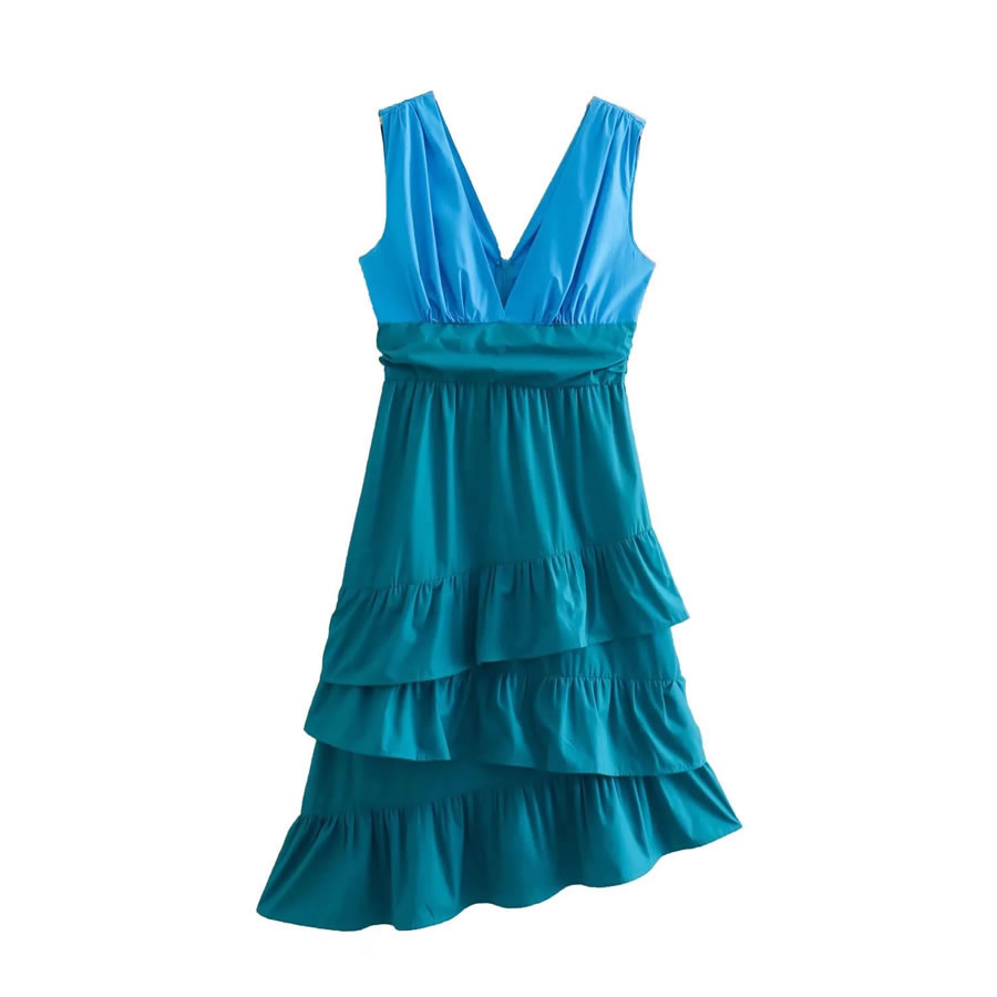 Fashion Blue V-neck Paneled Stacked Sleeveless Dress,Mini & Short Dresses