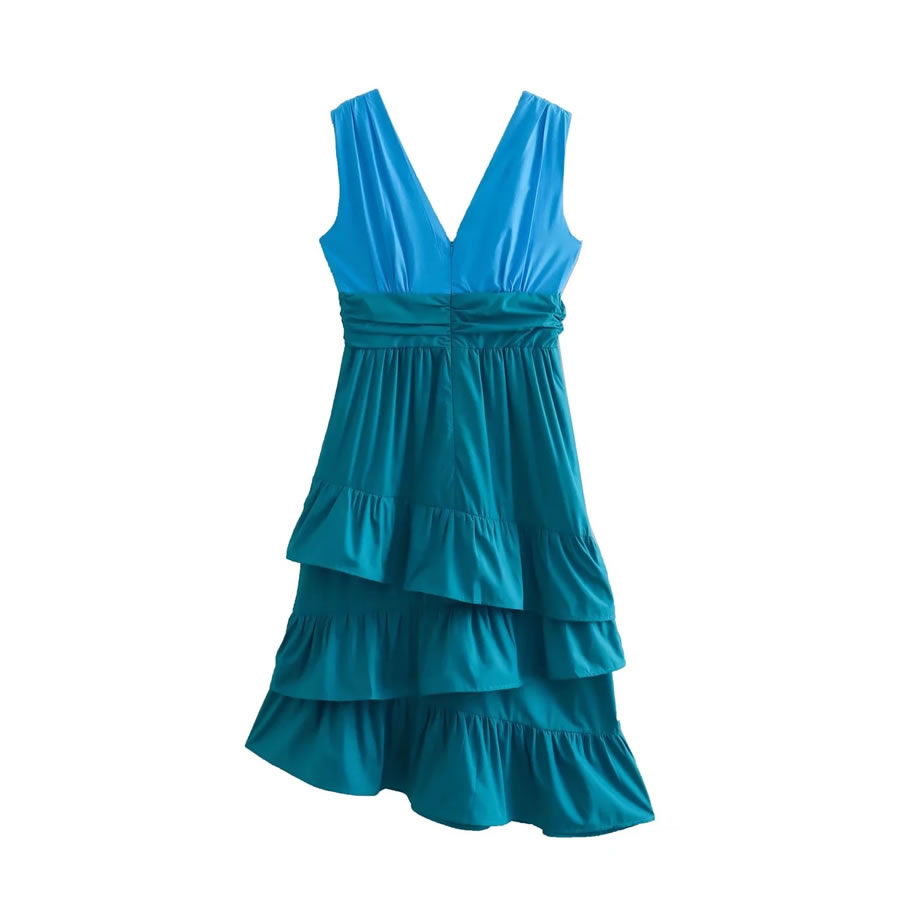 Fashion Blue V-neck Paneled Stacked Sleeveless Dress,Mini & Short Dresses