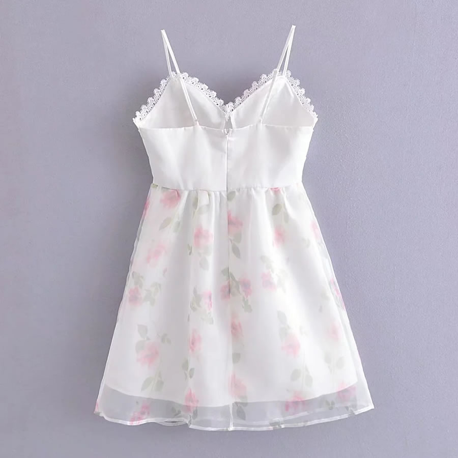 Fashion White Double-layer Mesh Print Slip Dress,Mini & Short Dresses