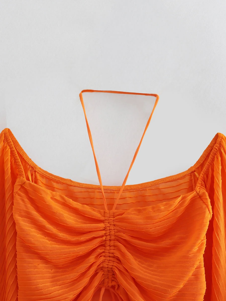 Fashion Orange Solid Lace Layered Pleated Top,Blouses