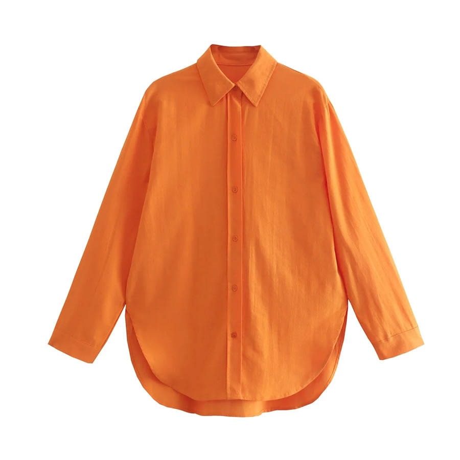 Fashion Orange Solid Buttoned Long-sleeve Shirt,Blouses