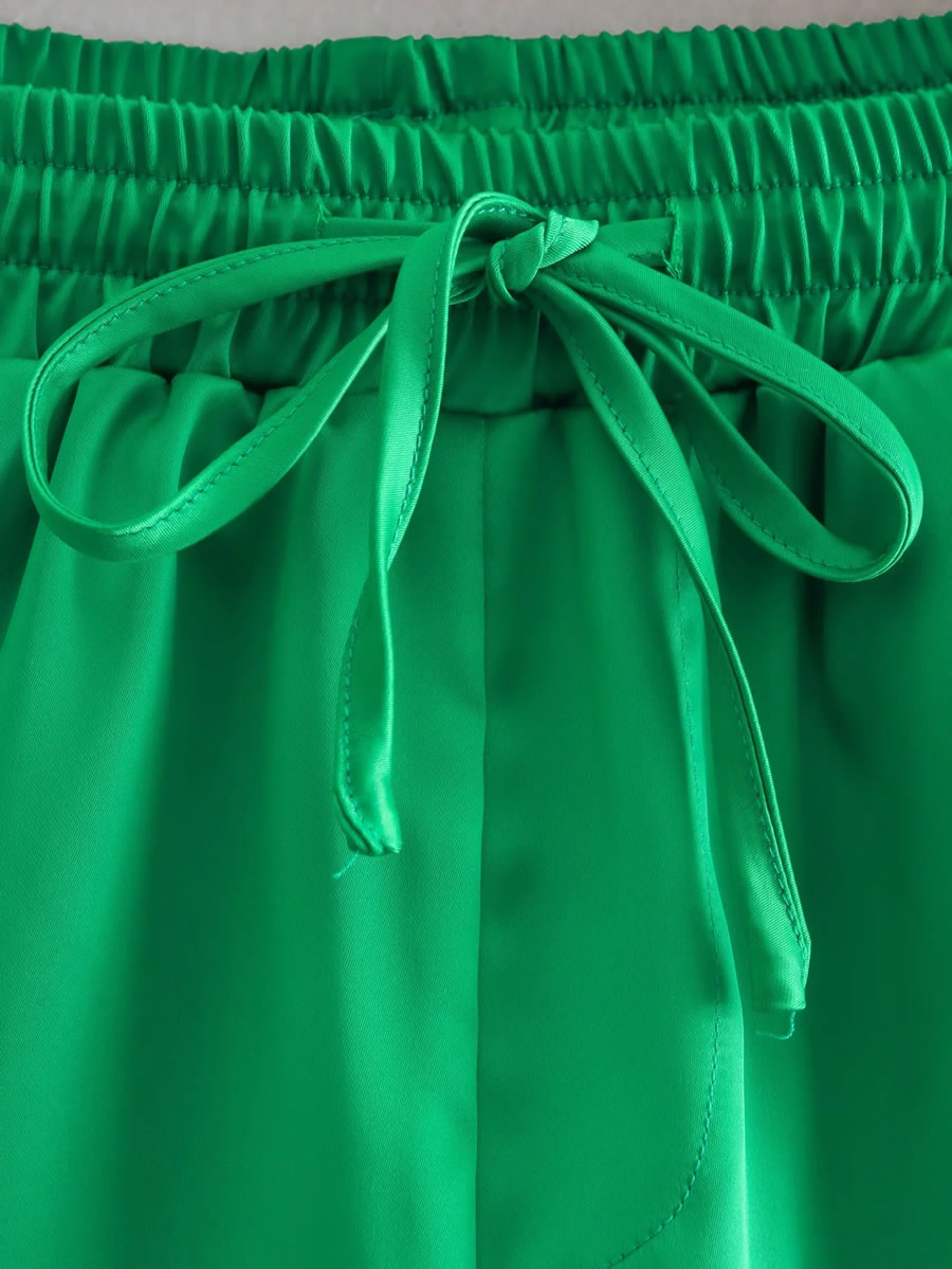 Fashion Green Silk-satin Solid Elastic Shorts,Shorts