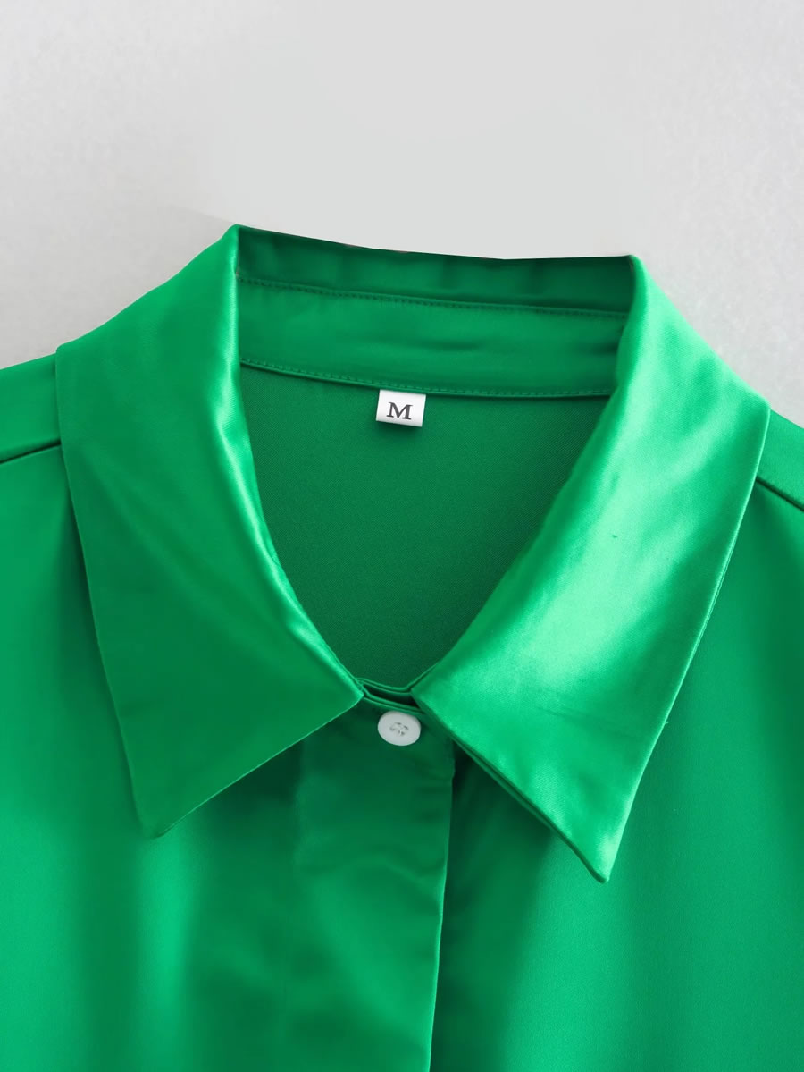 Fashion Green Silk Satin Long-sleeve Shirt Jacket,Coat-Jacket
