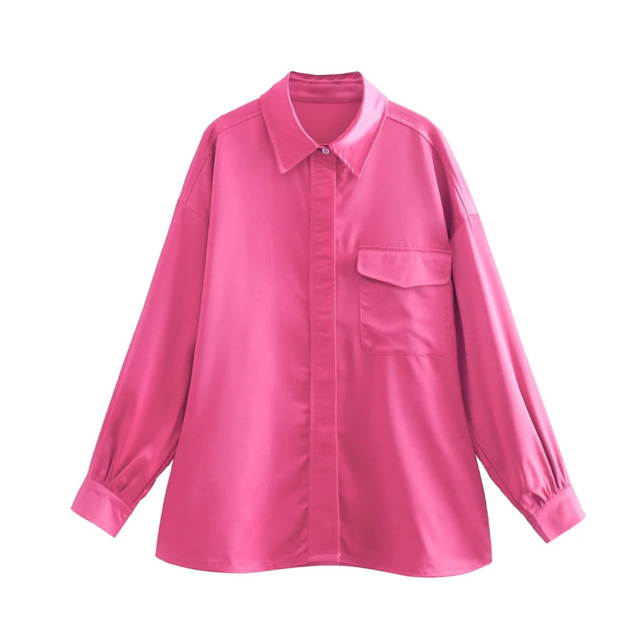 Fashion Rose Red Silk Satin Loose Shirt Coat,Blouses