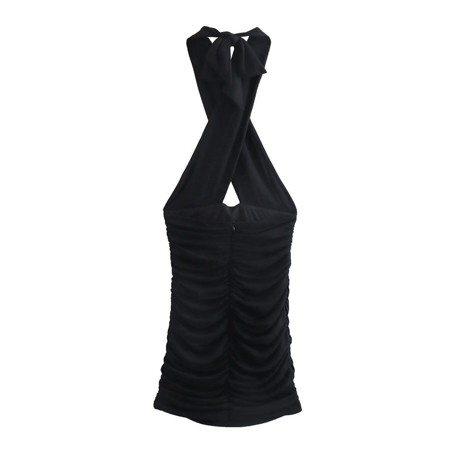 Fashion Black Solid Pleated Cross Knot Dress,Mini & Short Dresses