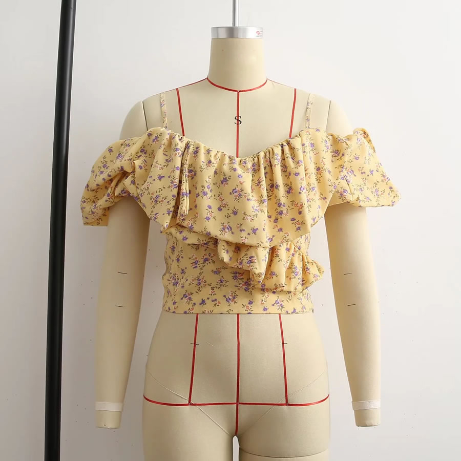 Fashion Yellow Floral Floral Irregular Lace Sling Top,Blouses