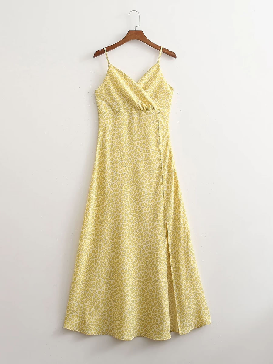 Fashion Yellow Leopard Print Leopard-breasted Slip Dress,Long Dress