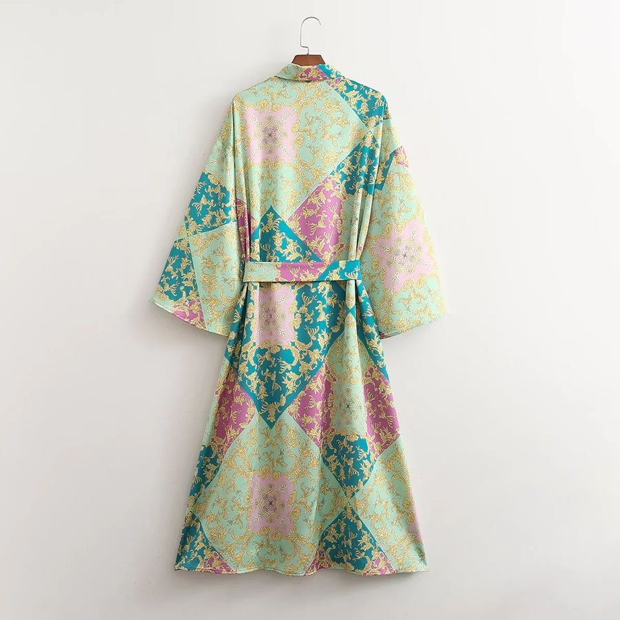 Fashion Printing Floral Colorblock Satin Long Sleeve Dress,Long Dress