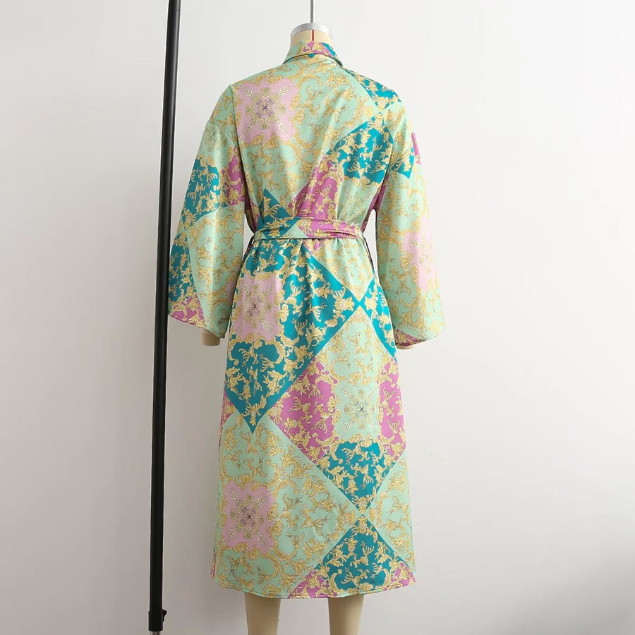 Fashion Printing Floral Colorblock Satin Long Sleeve Dress,Long Dress