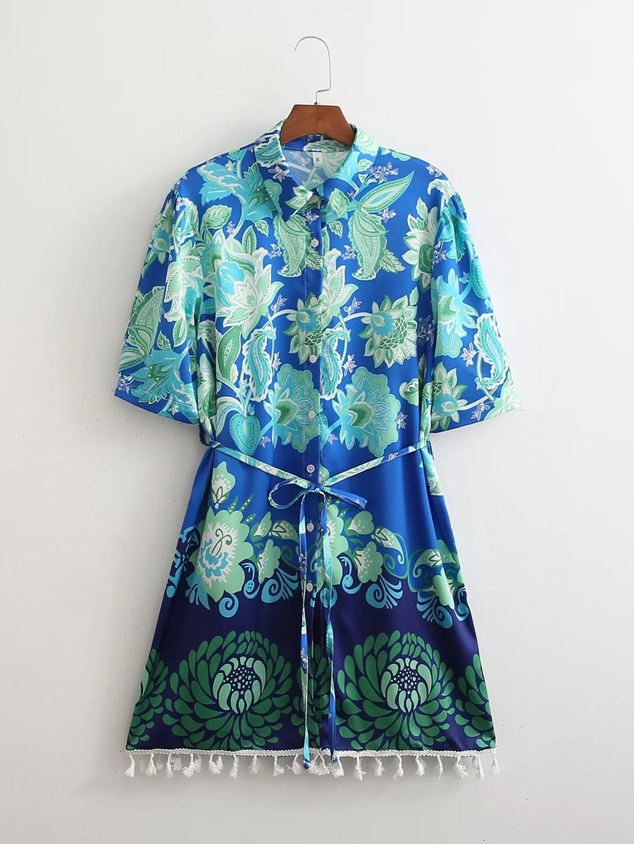 Fashion Blue Print Printed Fringe Short Sleeve Shirt Dress,Mini & Short Dresses