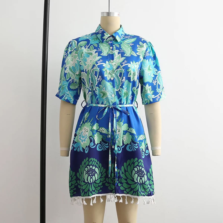 Fashion Blue Print Printed Fringe Short Sleeve Shirt Dress,Mini & Short Dresses