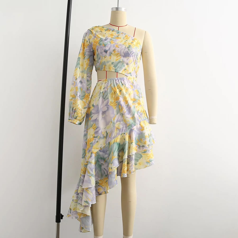 Fashion Floral One Shoulder Cutout Asymmetric Lace Dress,Mini & Short Dresses