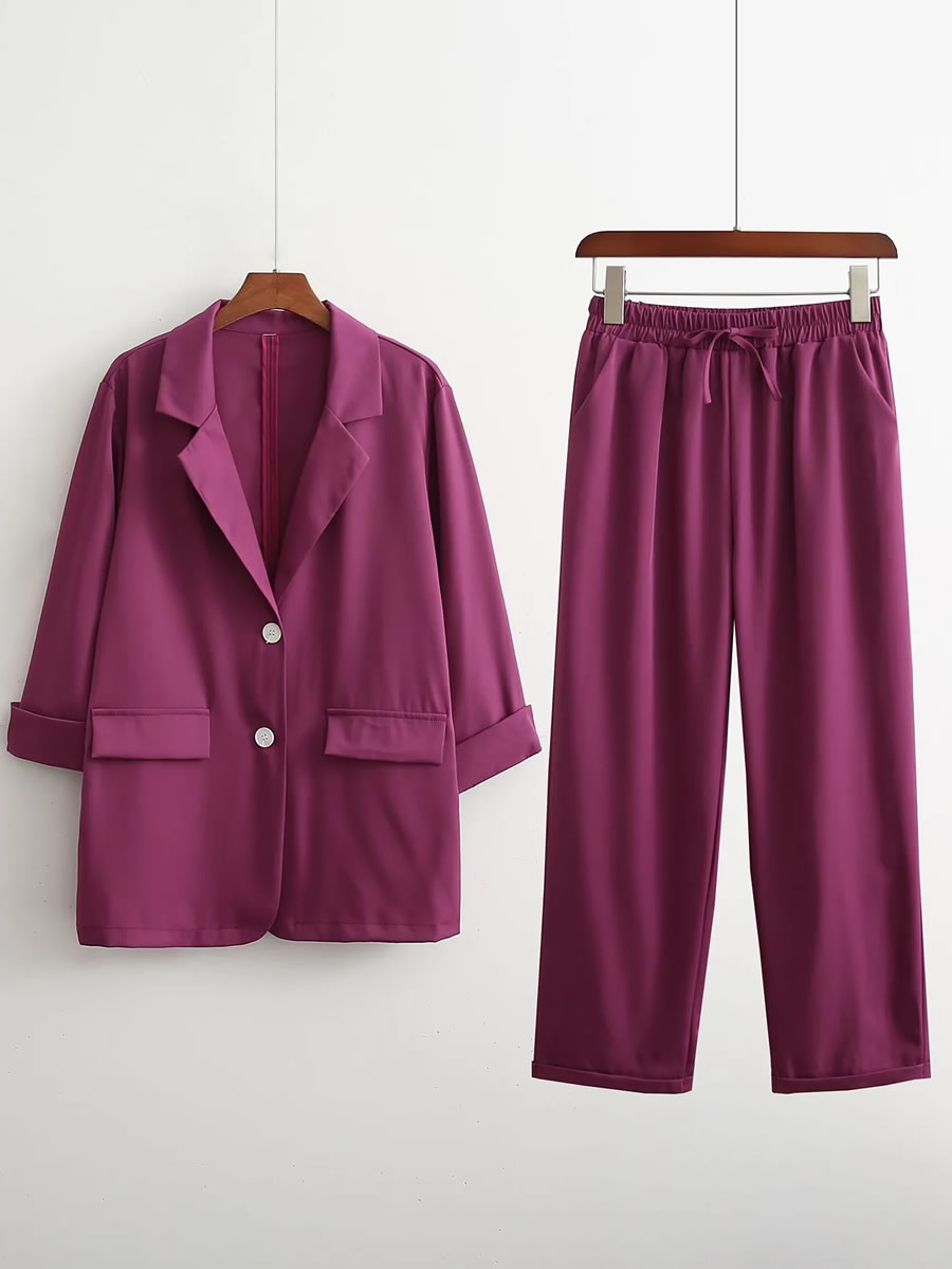 Fashion Purple Solid Color Suit Wide Leg Pants Two Piece Set,Suits