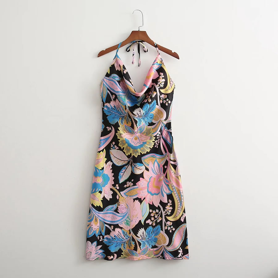 Fashion Printing Satin-print Halterneck Slip Dress,Mini & Short Dresses
