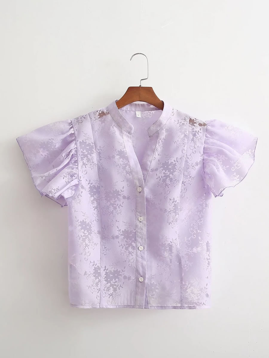 Fashion Purple Solid Color Lace V-neck Top Shirt,Blouses