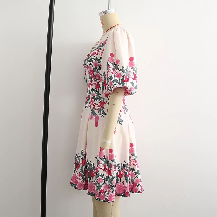 Fashion White Print Floral V-neck Pleated Dress,Mini & Short Dresses