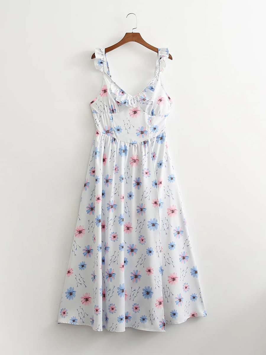 Fashion White Print Printed Lace Slip Dress,Long Dress