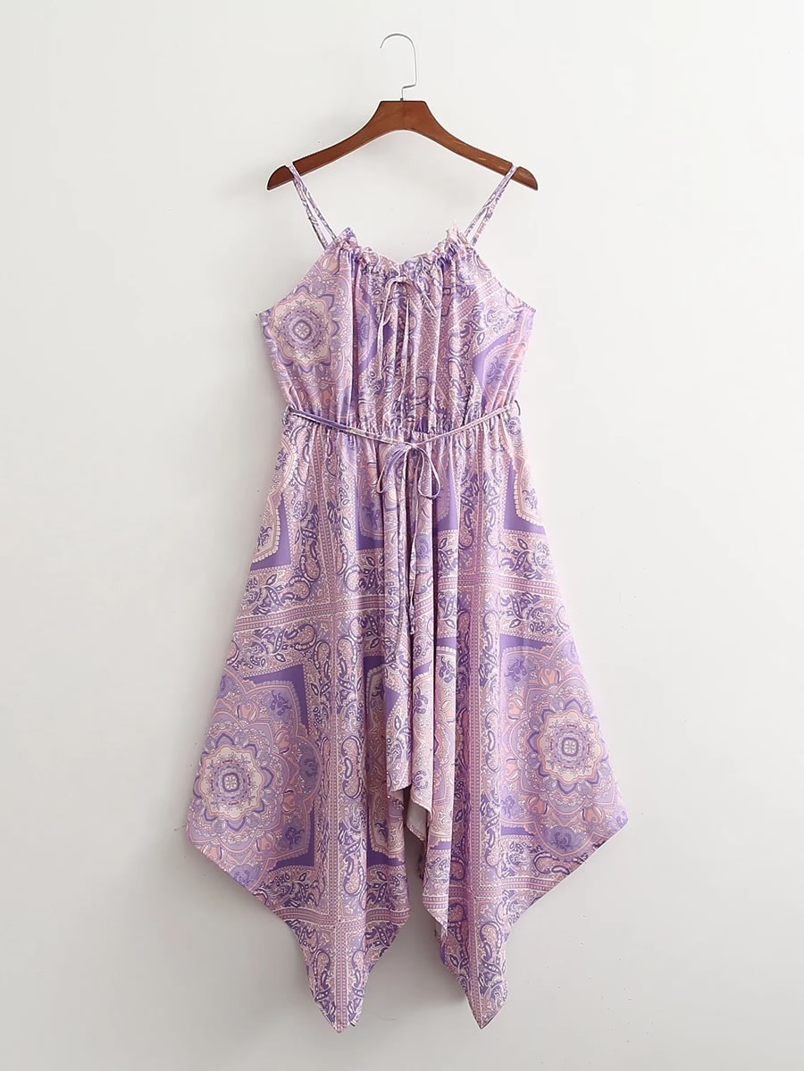 Fashion Purple Printed Irregular Slip Dress,Long Dress