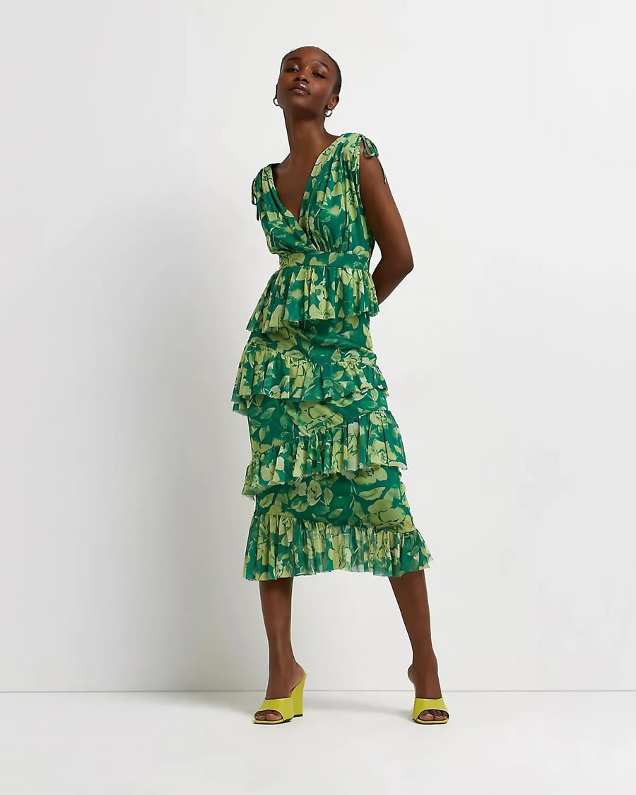 Fashion Green Printed Irregular Sleeveless Cake Dress,Long Dress