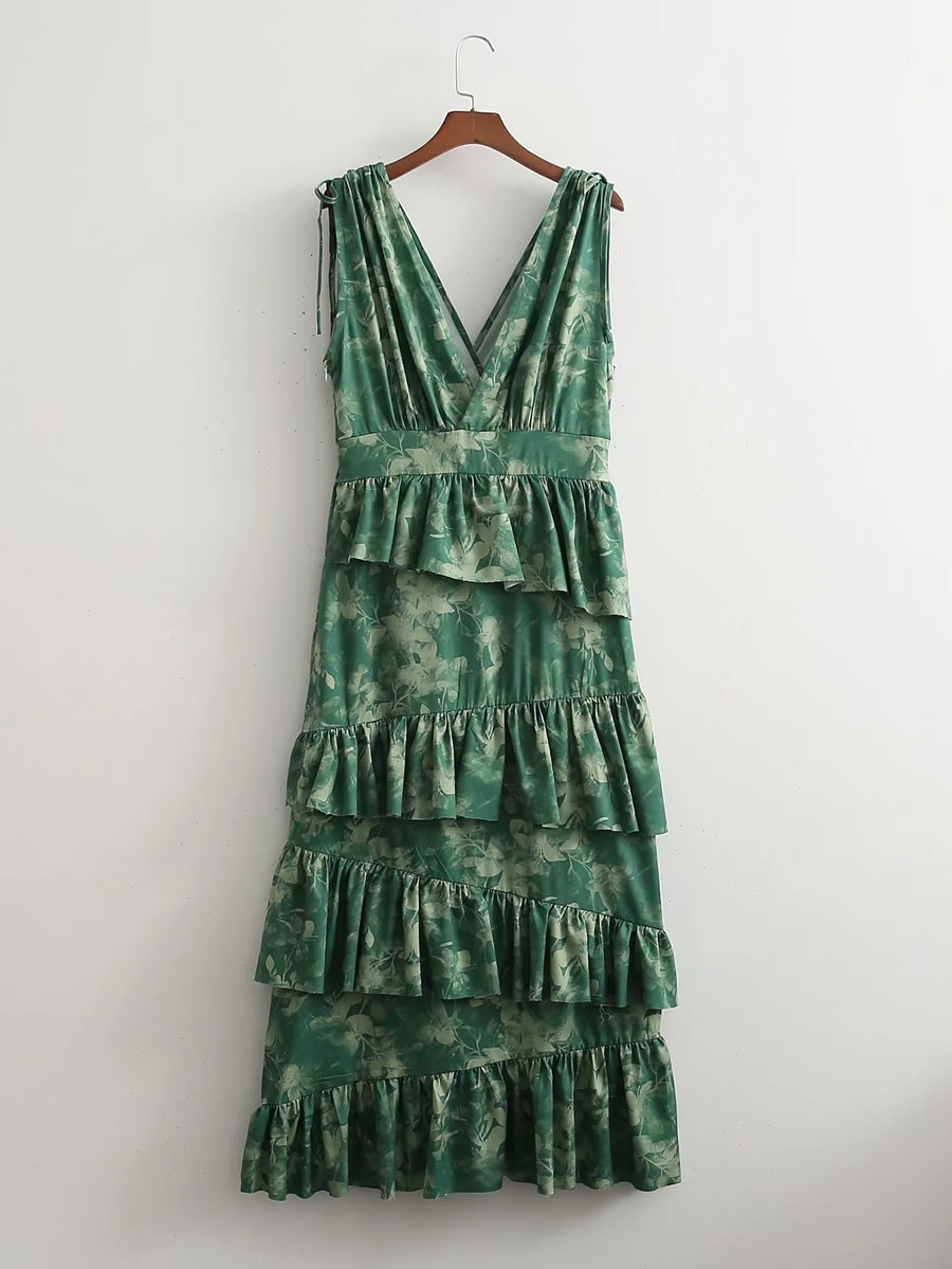 Fashion Green Printed Irregular Sleeveless Cake Dress,Long Dress