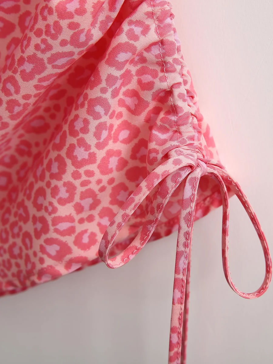 Fashion Pink Leopard Print Pink Leopard Drawstring Dress,Mini & Short Dresses