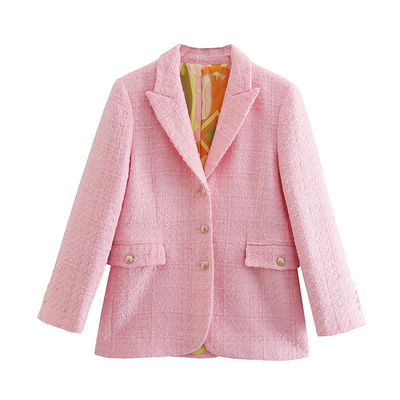 Fashion Pink Geometric-breasted Pocket Blazer,Coat-Jacket