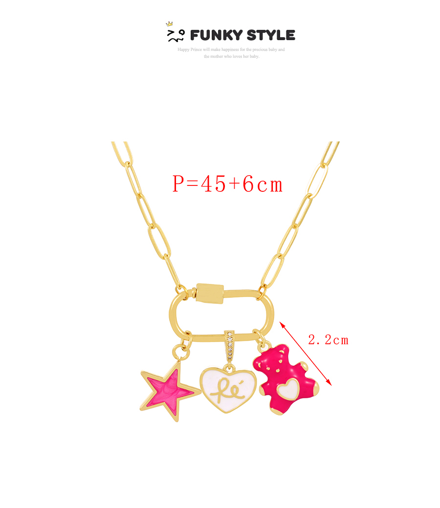 Fashion Pink Bronze Zircon Drip Oil Love Bear Flower Pendant Necklace,Necklaces