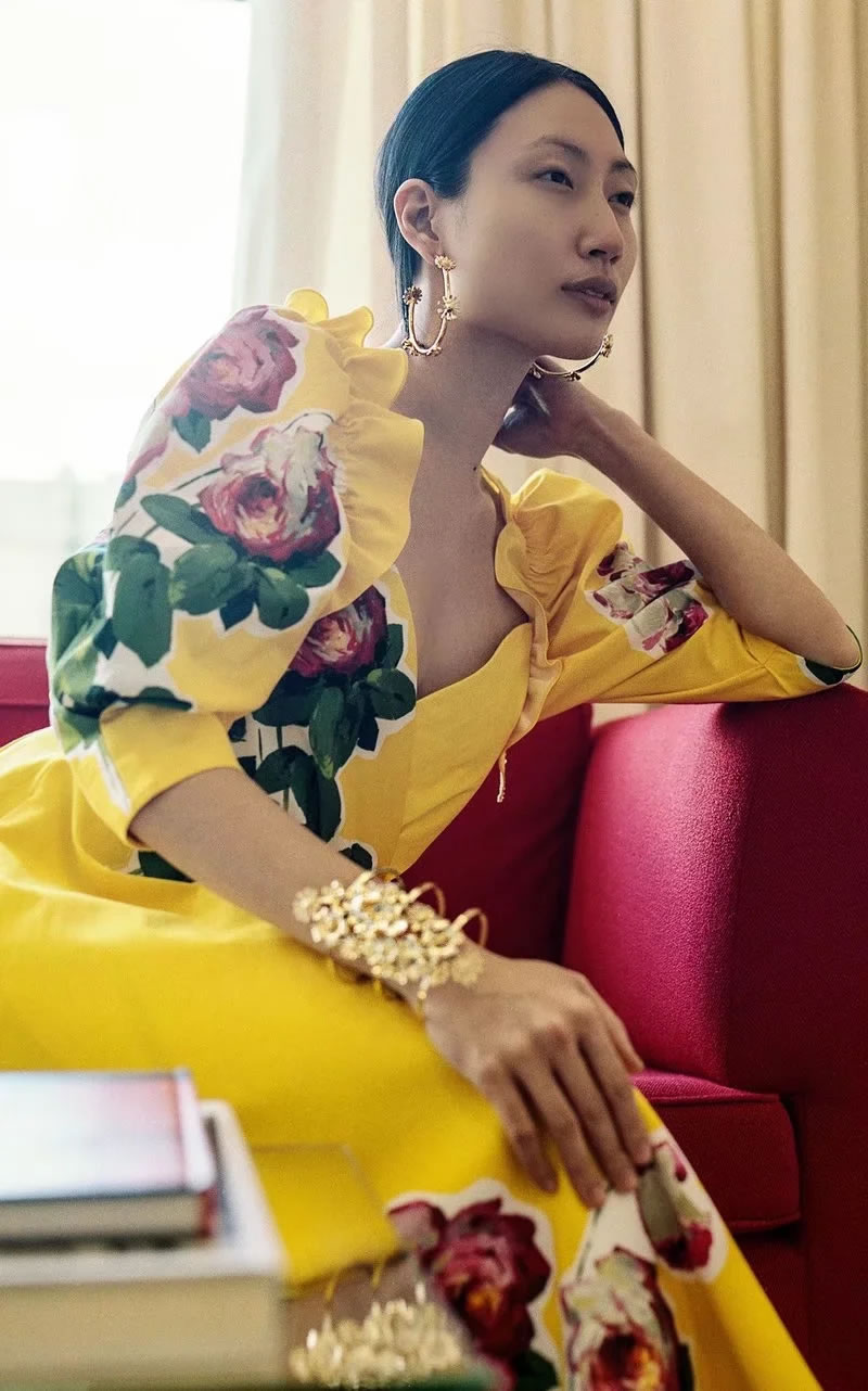 Fashion Yellow Printed V-neck Pleated Dress,Long Dress
