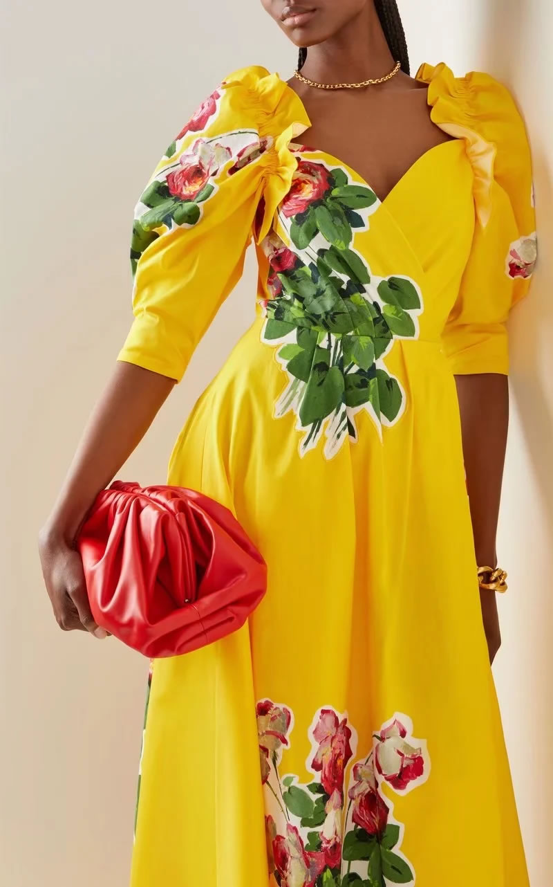 Fashion Yellow Printed V-neck Pleated Dress,Long Dress