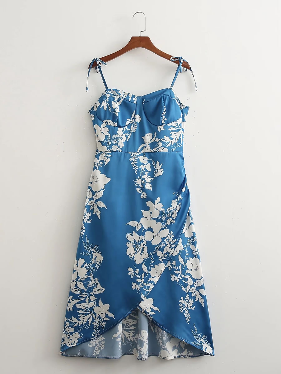 Fashion Blue Printed Wrap Dress,Long Dress
