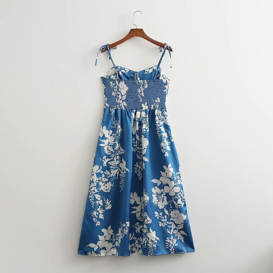 Fashion Blue Printed Wrap Dress,Long Dress