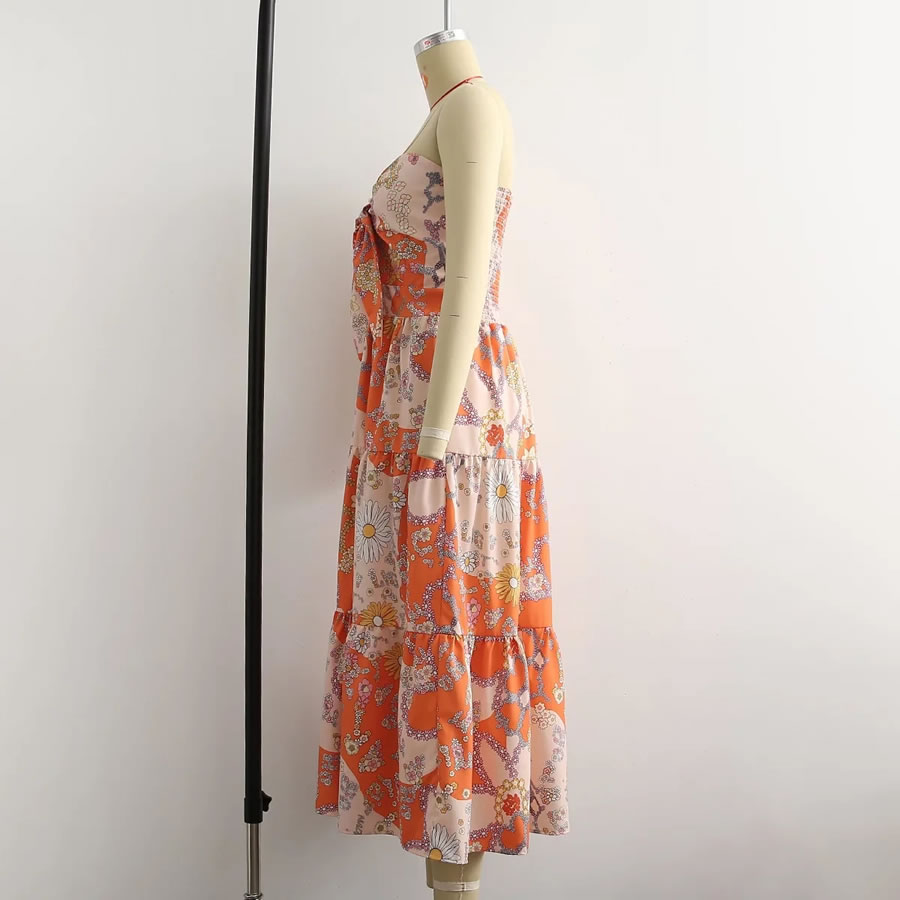Fashion Orange Printed Knotted Sleeveless Strapless Dress,Long Dress