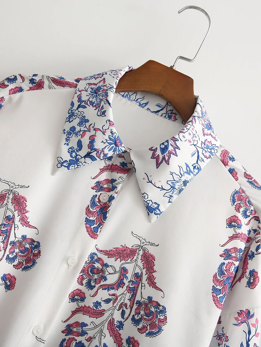 Fashion White Printed Colorblock Loose Long Sleeve Shirt,Blouses