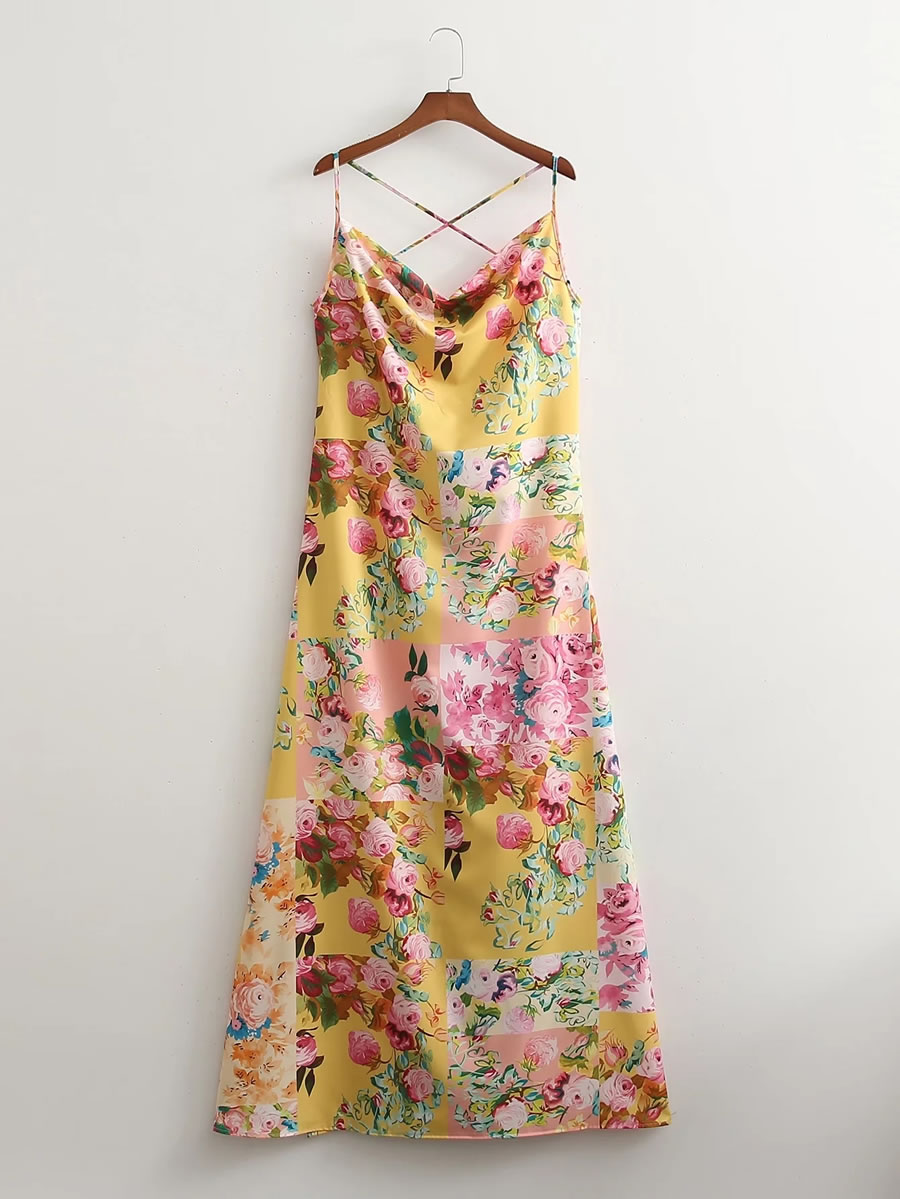 Fashion Yellow Flower Printed Slip Dress,Long Dress