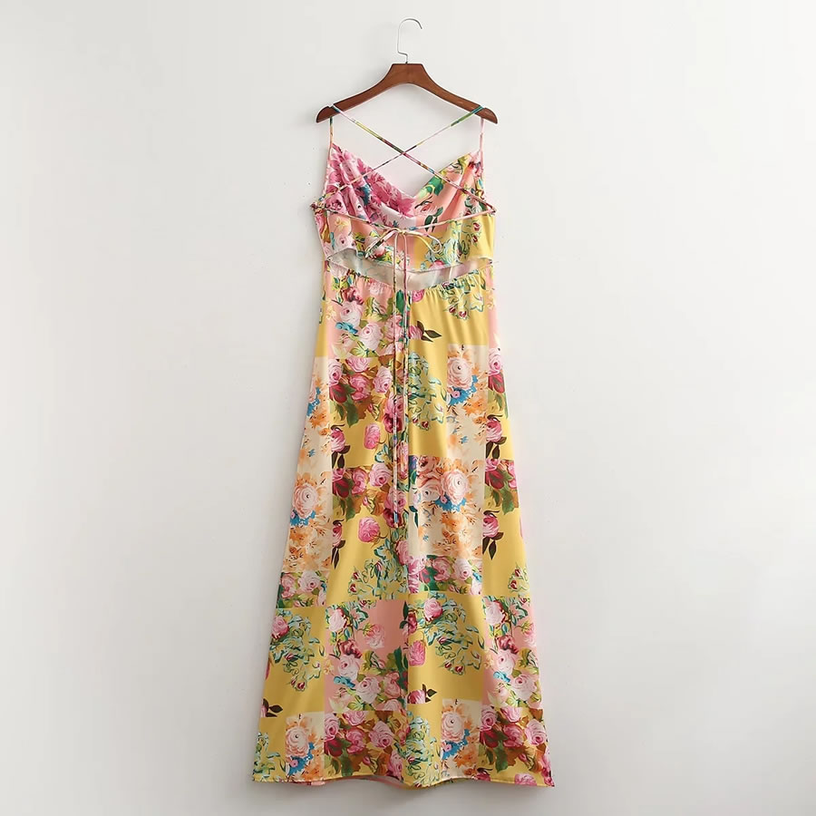 Fashion Yellow Flower Printed Slip Dress,Long Dress