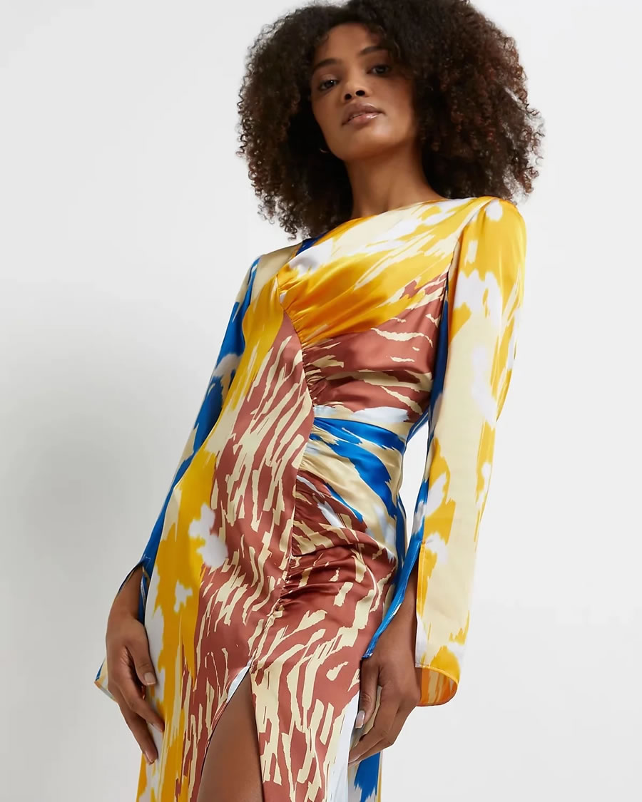 Fashion Splicing Paneled Printed Satin Crinkled Long-sleeve Dress,Long Dress
