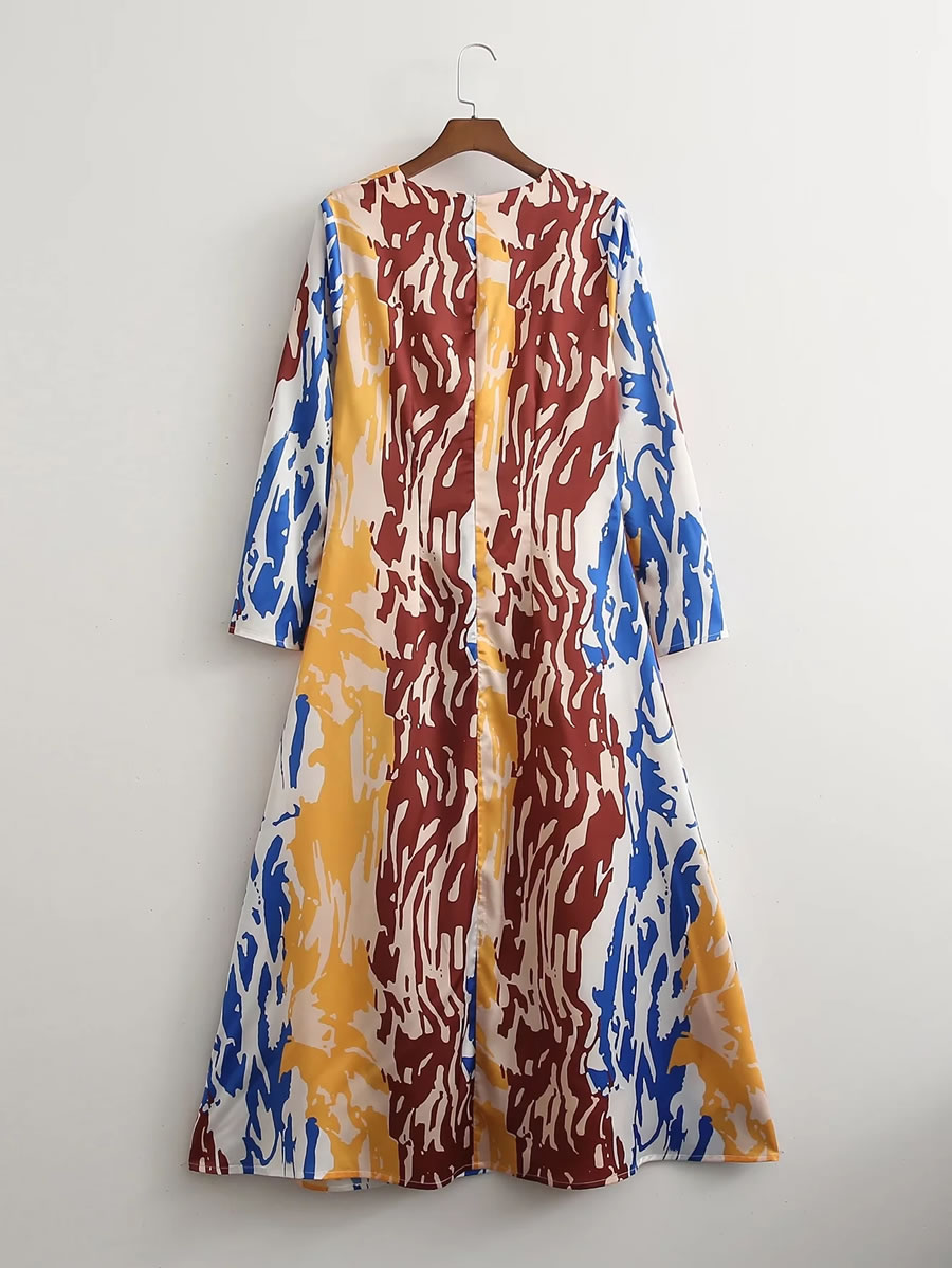Fashion Splicing Paneled Printed Satin Crinkled Long-sleeve Dress,Long Dress