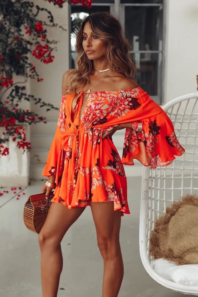 Fashion Orange Print Printed Lace-up Flare Sleeve Dress,Mini & Short Dresses