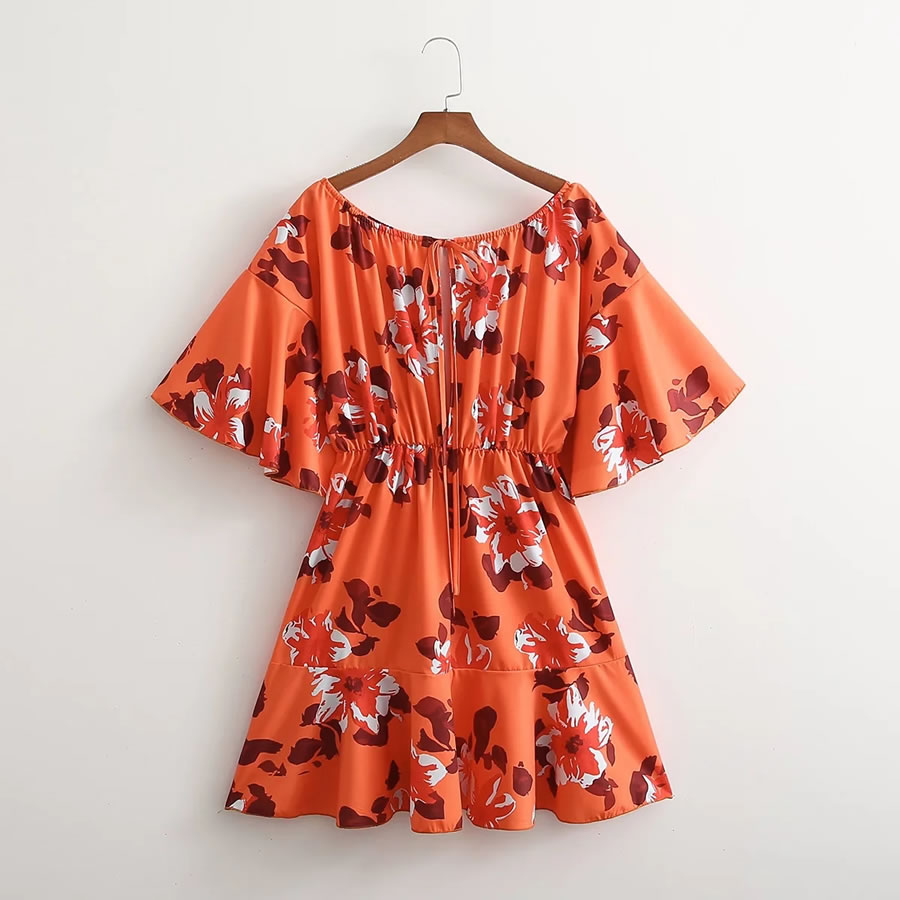 Fashion Orange Print Printed Lace-up Flare Sleeve Dress,Mini & Short Dresses